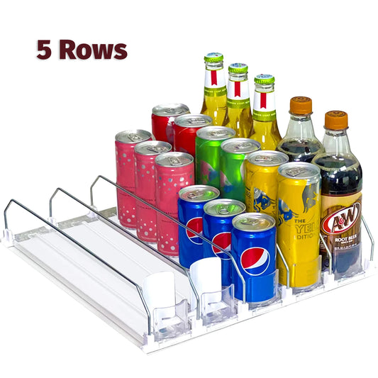 Soda Can Organizer with Automatic Can Pusher | Adjustable 5-Row Capacity